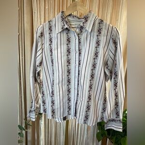 Vintage 1990s White & burgundy striped button up w/ floral pattern White Stag